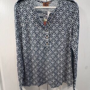 Tory Burch Geometric Navy and White Long Sleeve Top